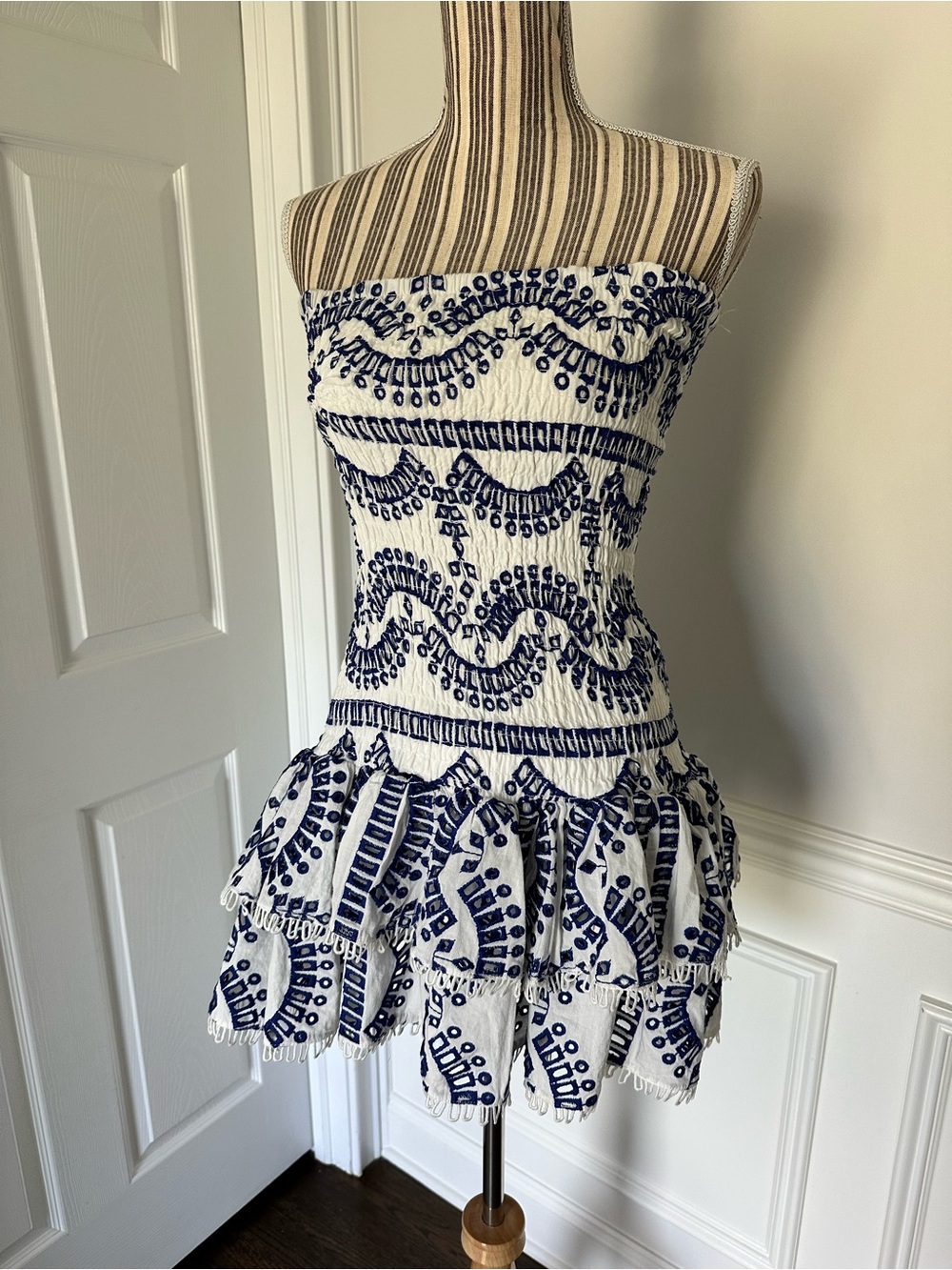 Striped Embroidered Strapless Mini Dress - White & Navy